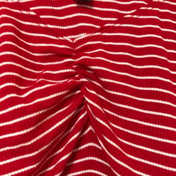 Lulus Red White Striped Cropped Short Sleeve Tee Womens XS Ruched Girly Ruffled - Picture 4 of 7